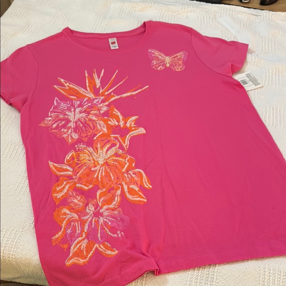 Hanes Vibrant Pink Tee with Sparkly Orange Floral and Butterfly